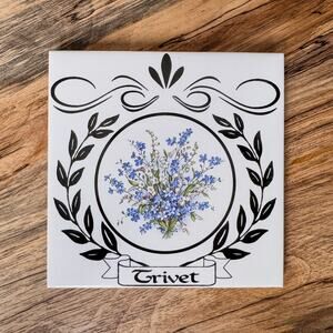 1960’s Vintage TerraCotta TileCraft Trivet, Blue and White Flower Bouquet, 6”